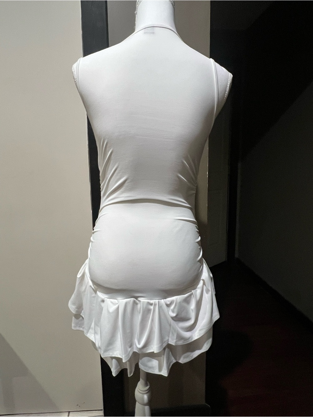 Sleeveless White Ruched Ruffle High Low Hem Dress - Picture 3 of 6